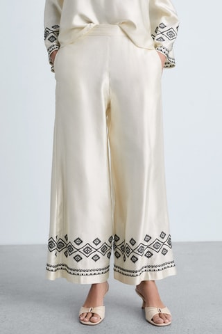 Pantalon wideleg bas brodé - Écru