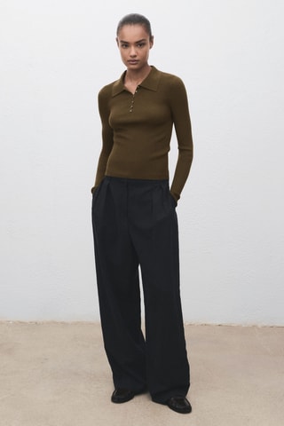 Pull-over maille côtelée col polo - Kaki