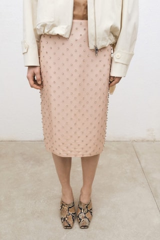 Jupe midi ornements cristaux - Rose clair