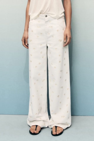 Jeans wideleg brodé de fleurs - Écru