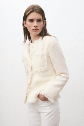 Veste tweed bords effilochés - Écru