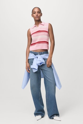 Top maille rayures col polo - Rose clair