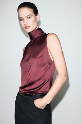Blouse satinée col roulé - Bordeaux
