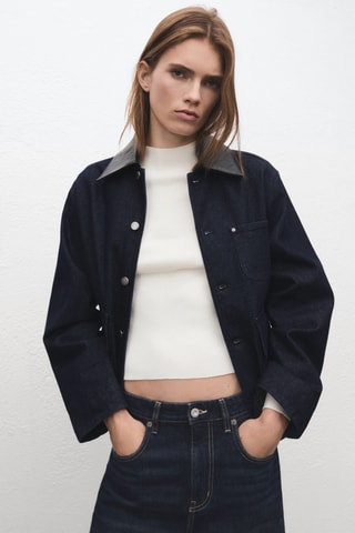 Veste en jean col en cuir synthétique - Bleu