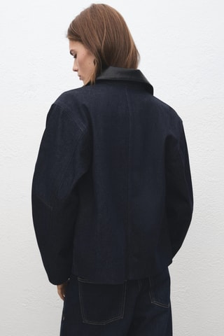 Veste en jean col en cuir synthétique - Bleu
