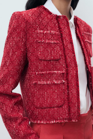 Veste tweed bords effilochés - Rouge