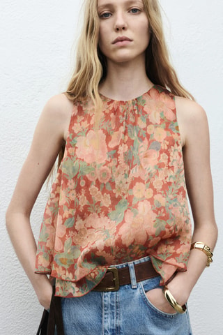 Blouse plissée à fleurs - Rouge