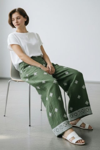 Pantalón ancho de lino - Caqui