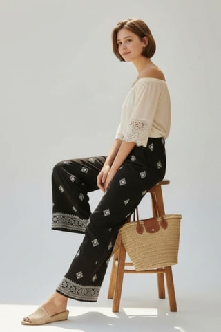 Pantalón ancho de lino - Negro