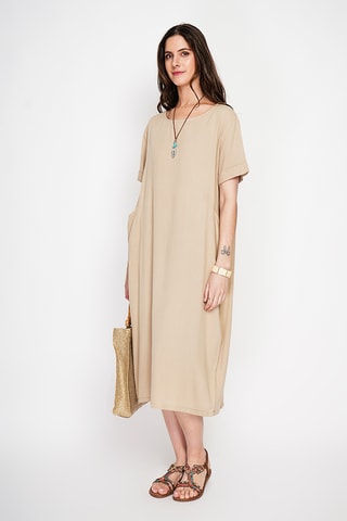 Vestido recto de lino - Camel