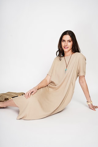Vestido recto de lino - Camel
