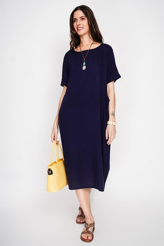 Vestido recto de lino - Azul marino