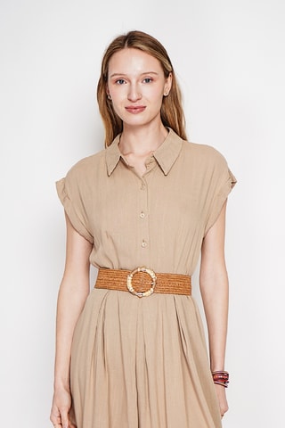 Vestido evasé de lino - Camel