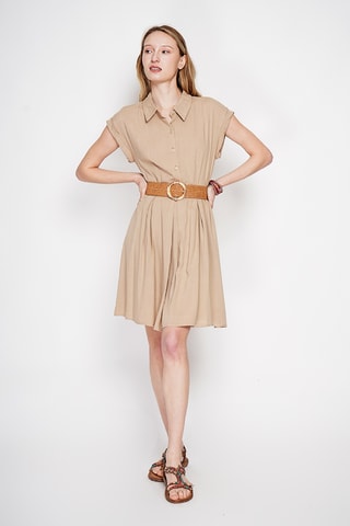 Vestido evasé de lino - Camel