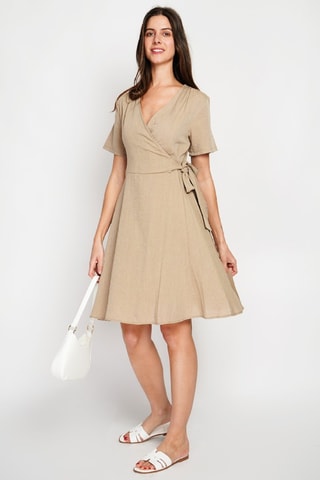 Vestido cruzado de lino - Camel