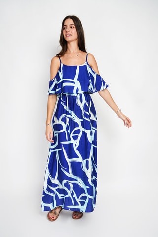 Vestido largo de lino - Azul y blanco
