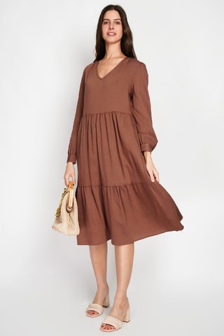 Vestido midi en lino - Marrón