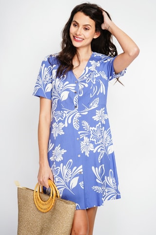 Vestido midi en lino - Blanco y azul
