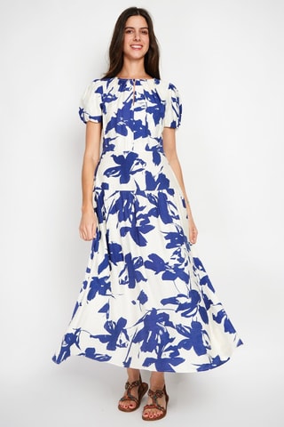 Vestido largo de lino - Azul marino y blanco
