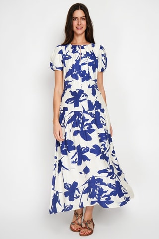 Vestido largo de lino - Azul marino y blanco