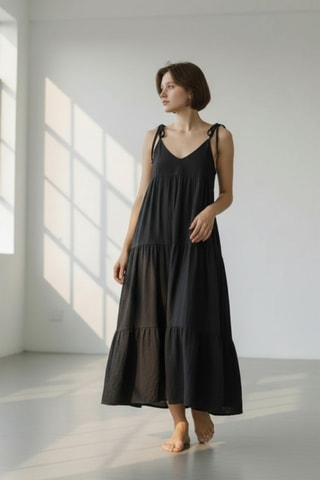 Vestido evasé de lino - Negro