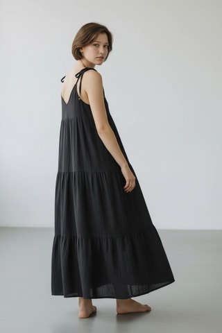 Vestido evasé de lino - Negro