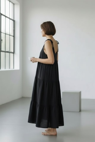 Vestido evasé de lino - Negro