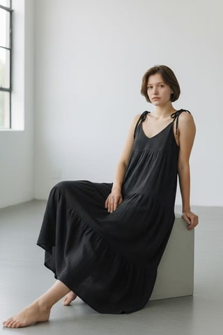 Vestido evasé de lino - Negro