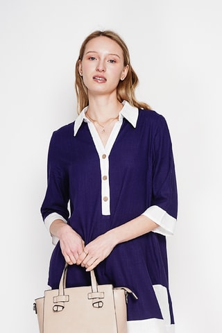 Vestido recto de lino - Azul marino