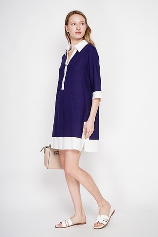 Vestido recto de lino - Azul marino