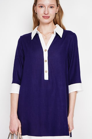 Vestido recto de lino - Azul marino