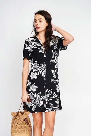 Vestido camisero de lino - Negro y blanco