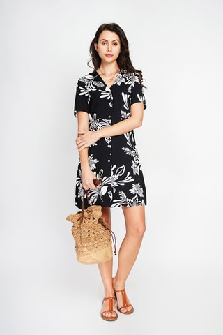 Vestido camisero de lino - Negro y blanco