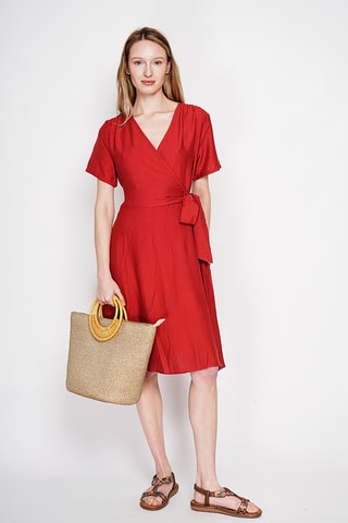 Vestido cruzado de lino - Rojo