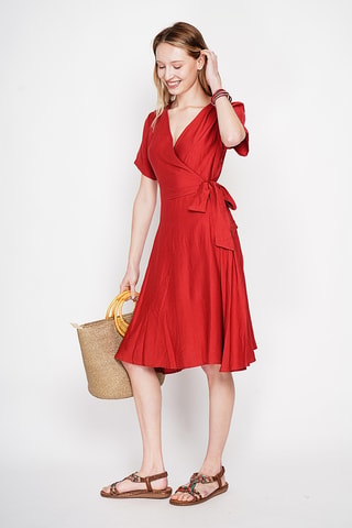 Vestido cruzado de lino - Rojo