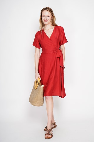 Vestido cruzado de lino - Rojo