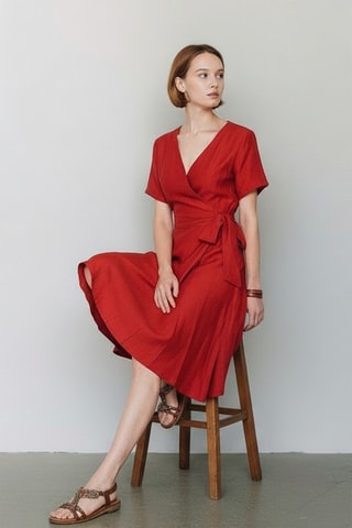 Vestido cruzado de lino - Rojo