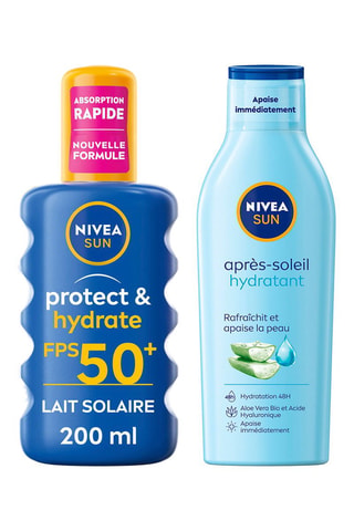 Spray lait solaire FPS 50+ Protect & Hydrate - 200 ml et Lait après-soleil hydratant à l'aloe vera  -  200 ml