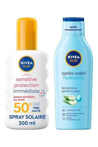 Spray solaire Sensitive Protection immédiate SPF50+ - 200 ml et Lait après-soleil hydratant à l'aloe vera  -  200 ml