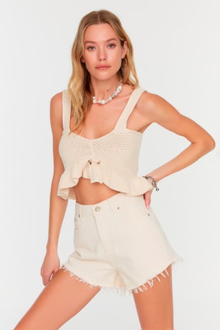 Short en jean taille haute - Beige