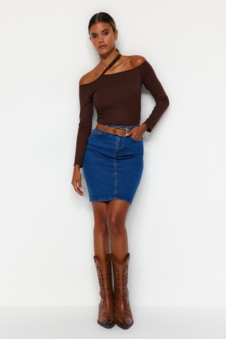 Jupe droite en jean taille haute - Bleu