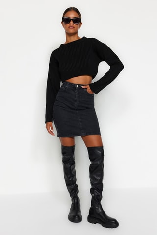 Jupe droite en jean taille haute - Noir