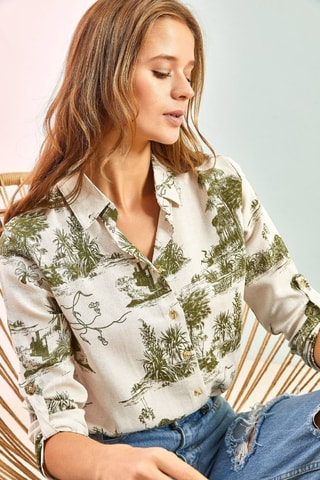 Camicia oversize in lino - Beige e verde