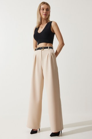 Pantalon wide legs taille haute - Beige