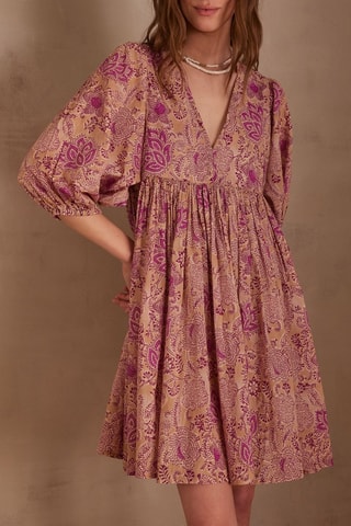 Vestido evasé - marfil y fucsia