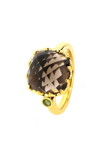 Bague - Argent plaqué or jaune, quartz fumé et péridot