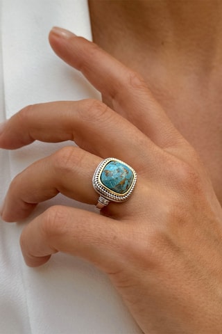 Bague - Argent, Argent plaqué or jaune et turquoise