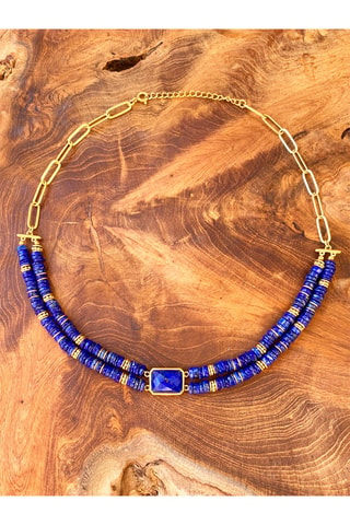 Collier doré à l'or fin jaune - Lapis-lazulis