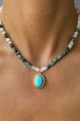 Collier - Plaqué or jaune, turquoise, jades et pierres de lune