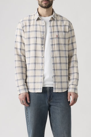 Chemise en lin Sunset 1 Pocket Standard Ishu Plaid Moon - Blanc